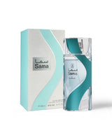 sama by nusuk blue transparent perfume bottle shows beside its packaging against white background
