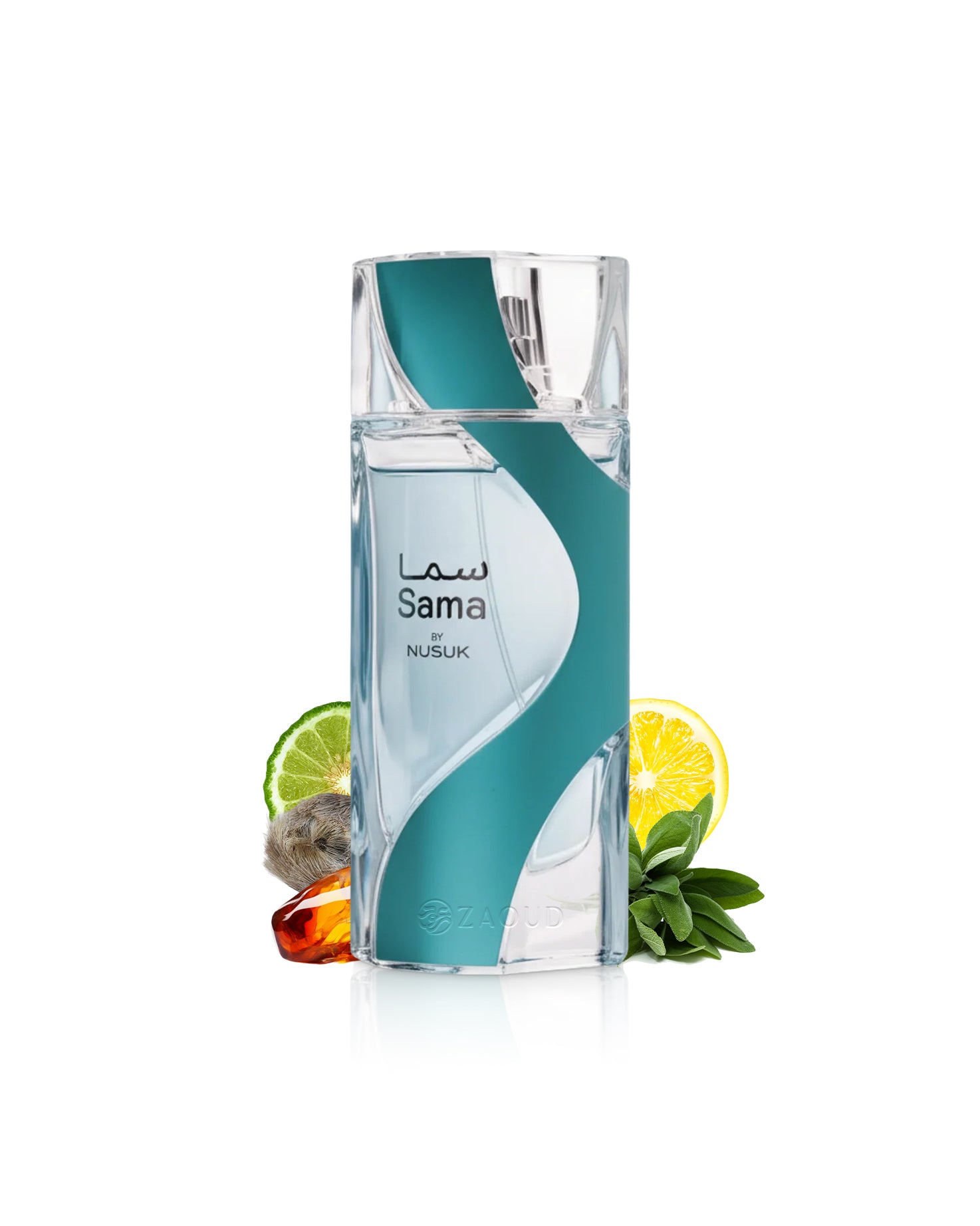 sama by nusuk blue transparent perfume bottle surrounded by fragrance notes like amber and sage shows from behind the bottle against white background
