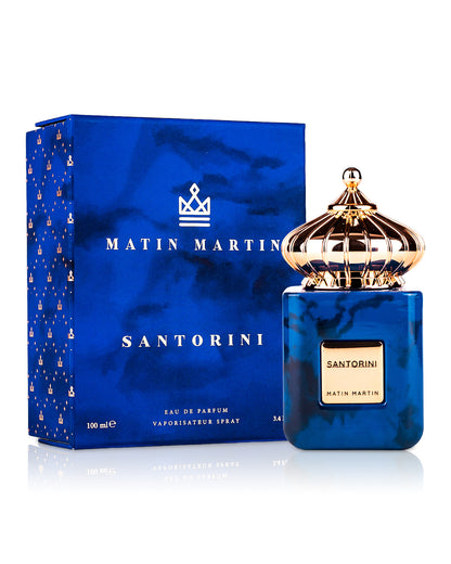 matin martin santorini perfume bottle shows beside its box against white background