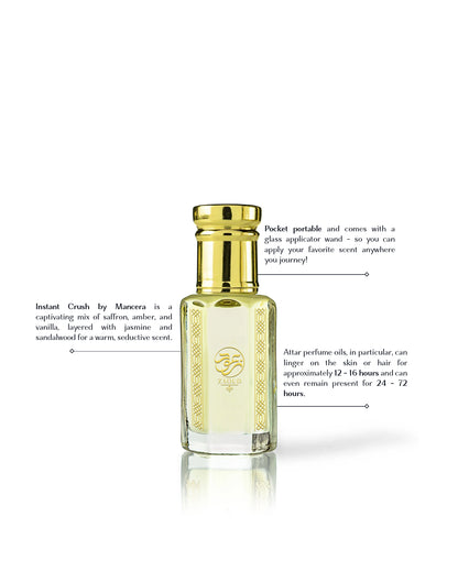 seducenza instant crush perfume oil bottle beside written fragrance informations