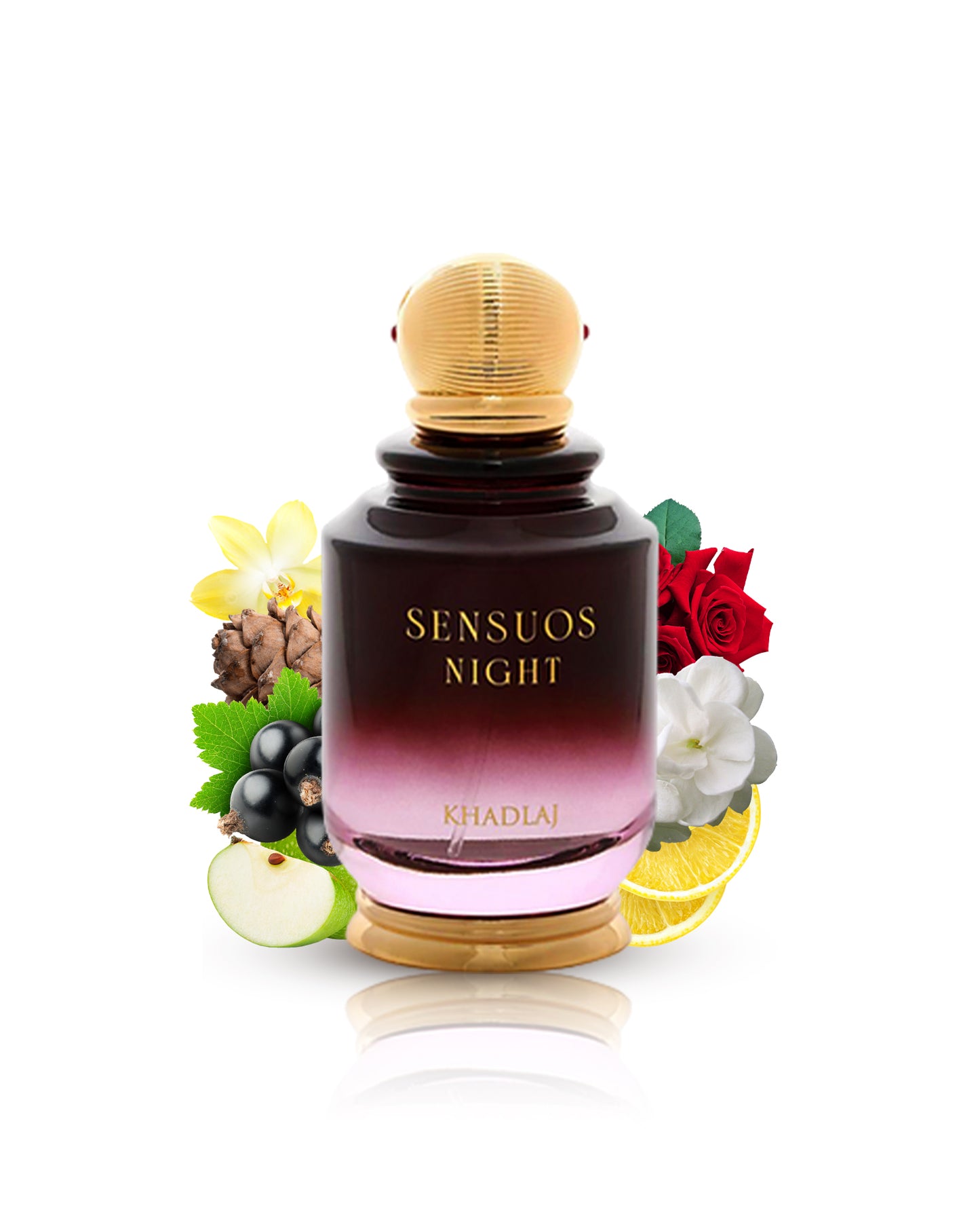 sensuos night edp perfume bottle surrounded with its ingredients like apple and rose with many others shows from behind the bottle against white background