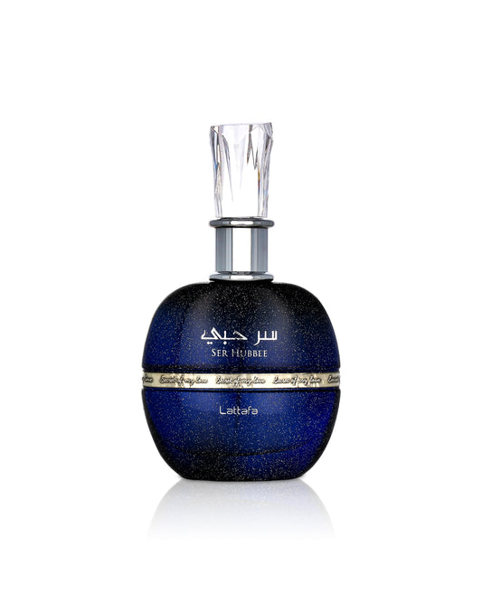 Lattafa ser hubbee Blue perfume bottle with silver cap on a white background