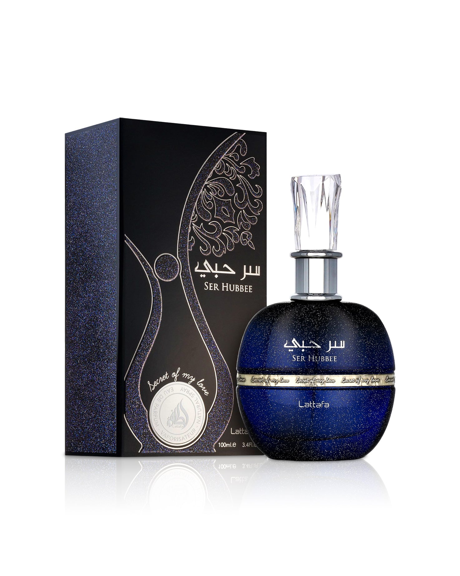 Lattafa ser hubbee Blue perfume bottle with packaging on a white background