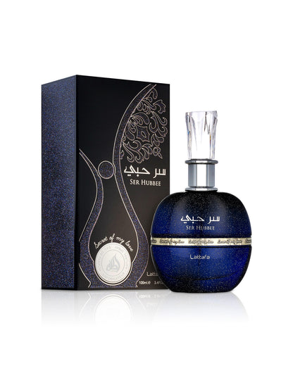 Lattafa ser hubbee Blue perfume bottle with packaging on a white background