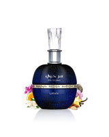 Lattafa ser hubbee Blue perfume bottle with floral elements like jasmine and almond on a white background