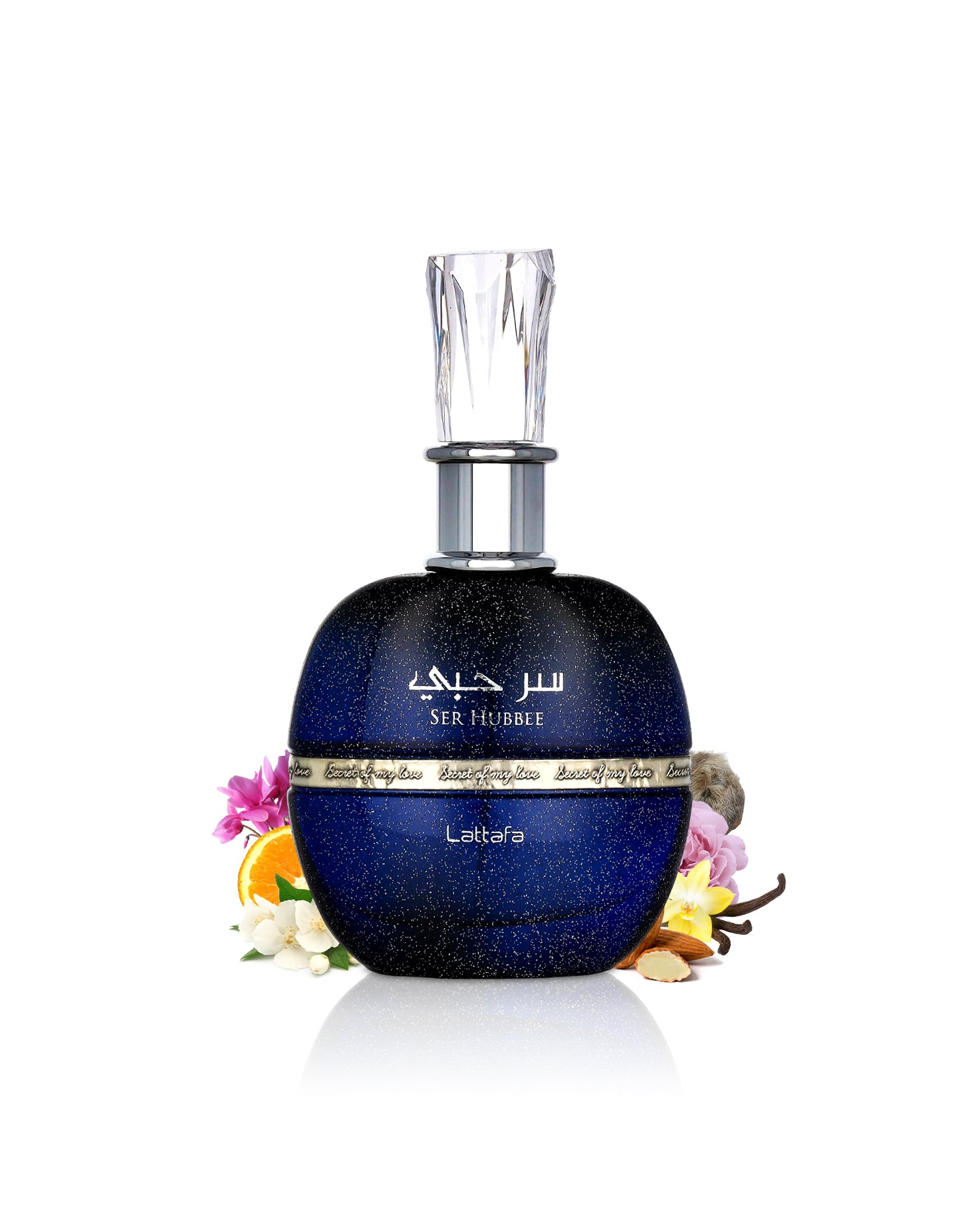 Lattafa ser hubbee Blue perfume bottle with floral elements like jasmine and almond on a white background