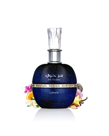 Lattafa ser hubbee Blue perfume bottle with floral elements like jasmine and almond on a white background