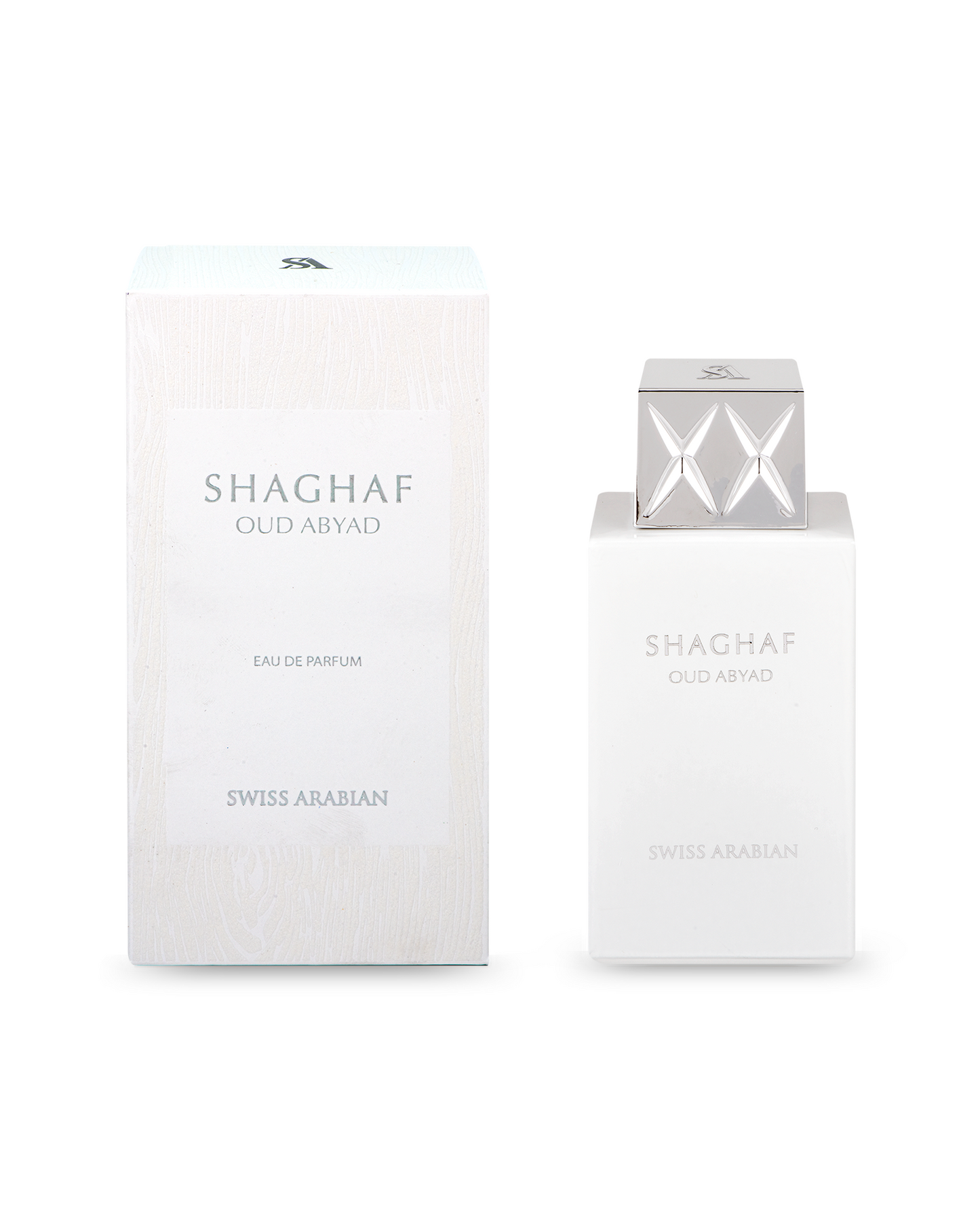 shaghaf oud abyad by swiss arabian perfume bottle shows beside its box against white background