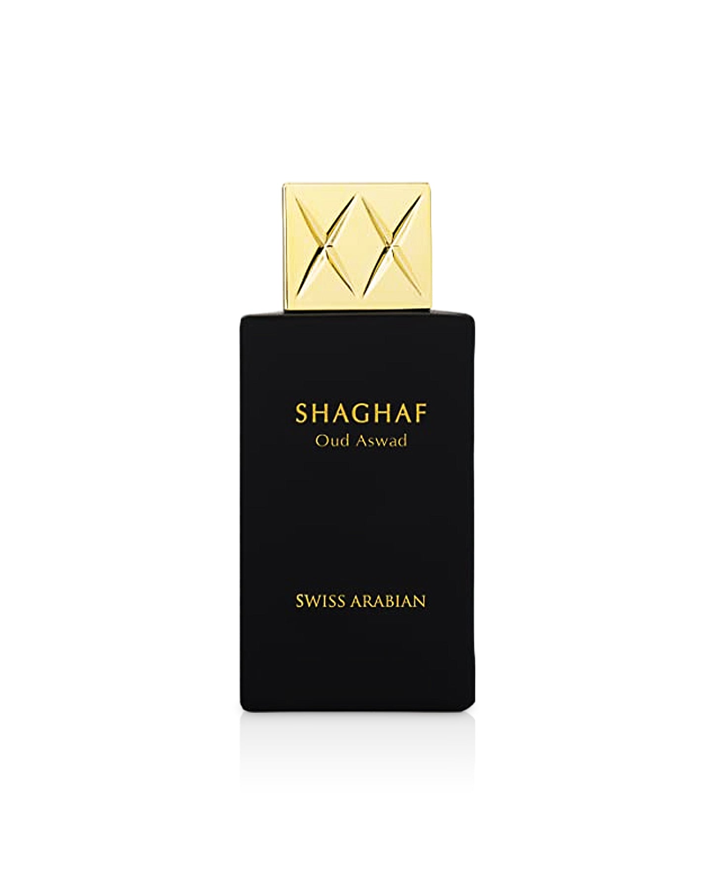 shaghaf oud aswad by swiss arabian perfume bottle shows against white background