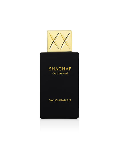 shaghaf oud aswad by swiss arabian perfume bottle shows against white background