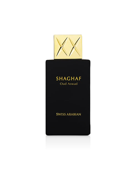 shaghaf oud aswad by swiss arabian perfume bottle shows against white background