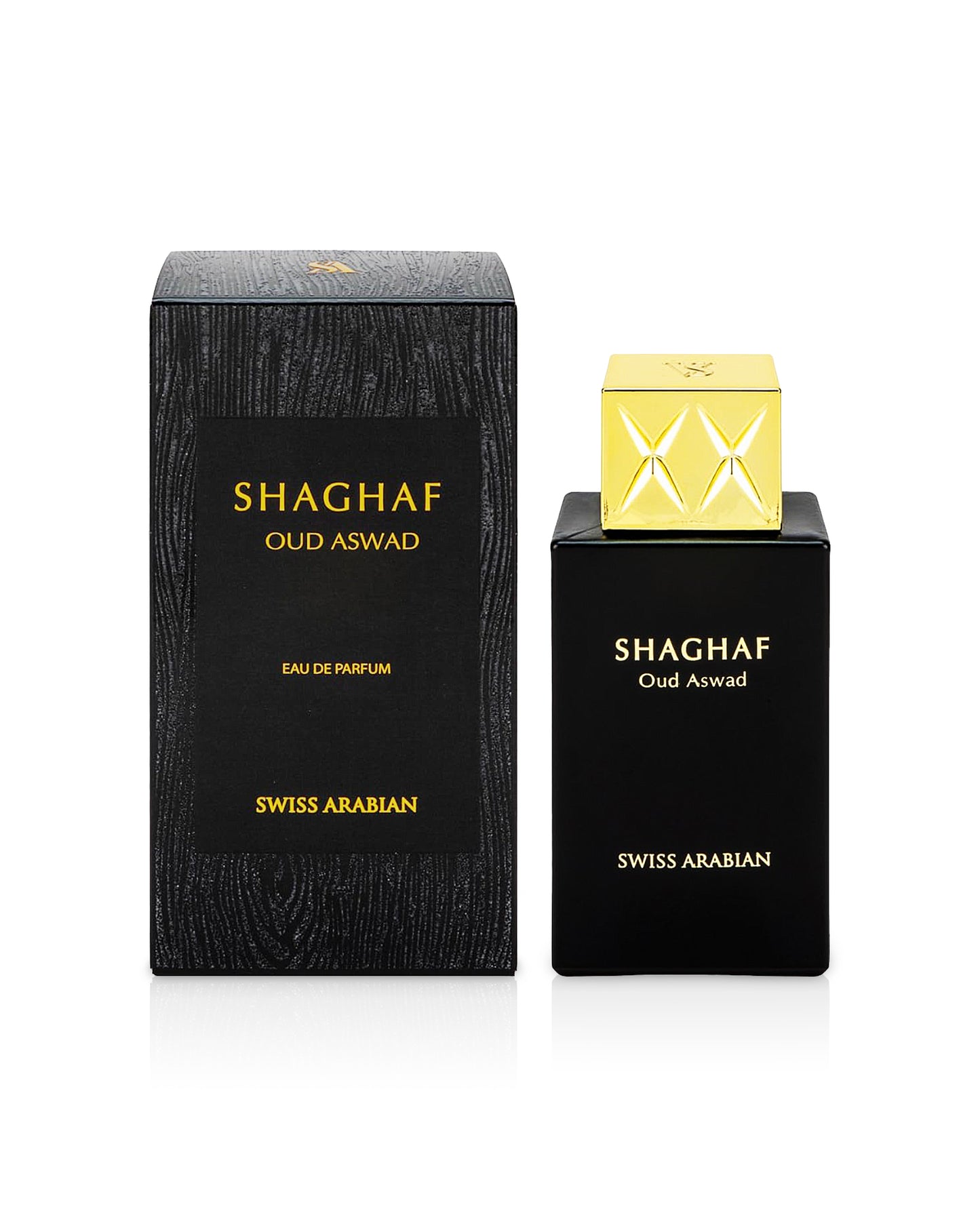 shaghaf oud aswad by swiss arabian perfume bottle shows beside the box against white background