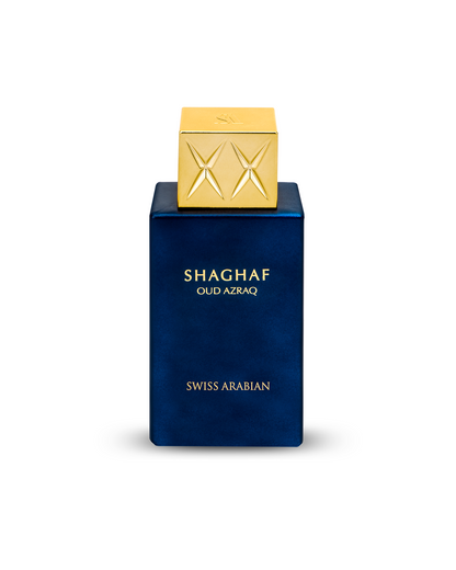 shaghaf oud azraq by naseem perfumes bottle shows against white background