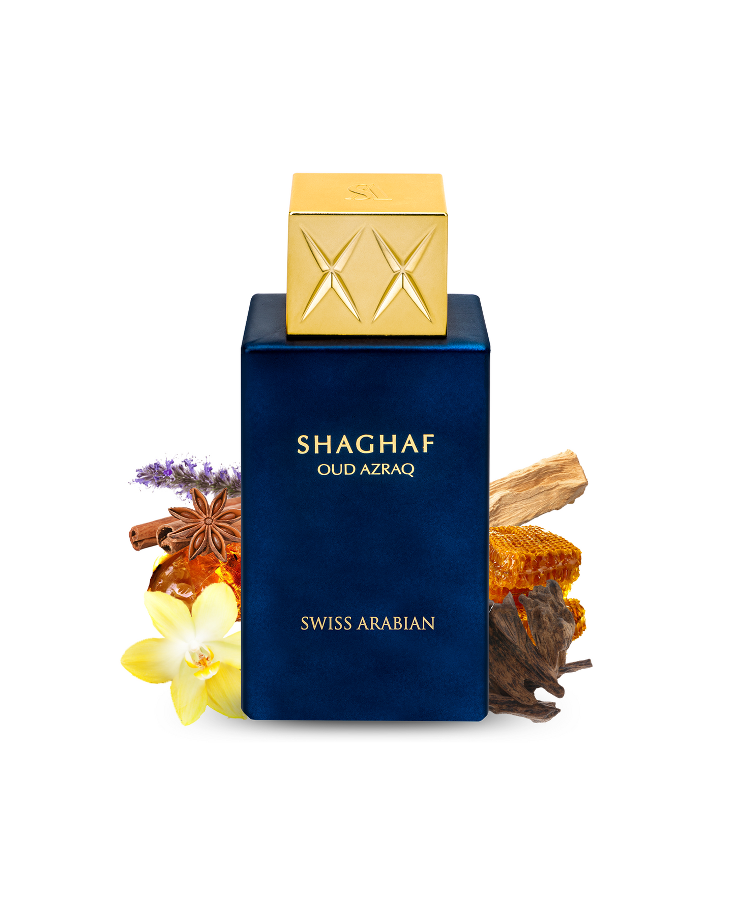 shaghaf oud azraq by naseem perfumes bottle surrounded with its ingredients like vanilla and amber shows from behind the bottle against white background