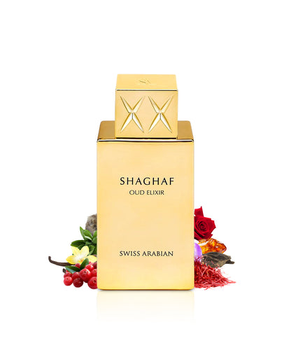 swiss arabian shaghaf oud elixir perfume bottle surrounded with fragrance notes like vanilla and saffron shows from behind the bottle against white background