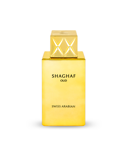 shaghaf oud by swiss arabian perfume bottle shows against white background