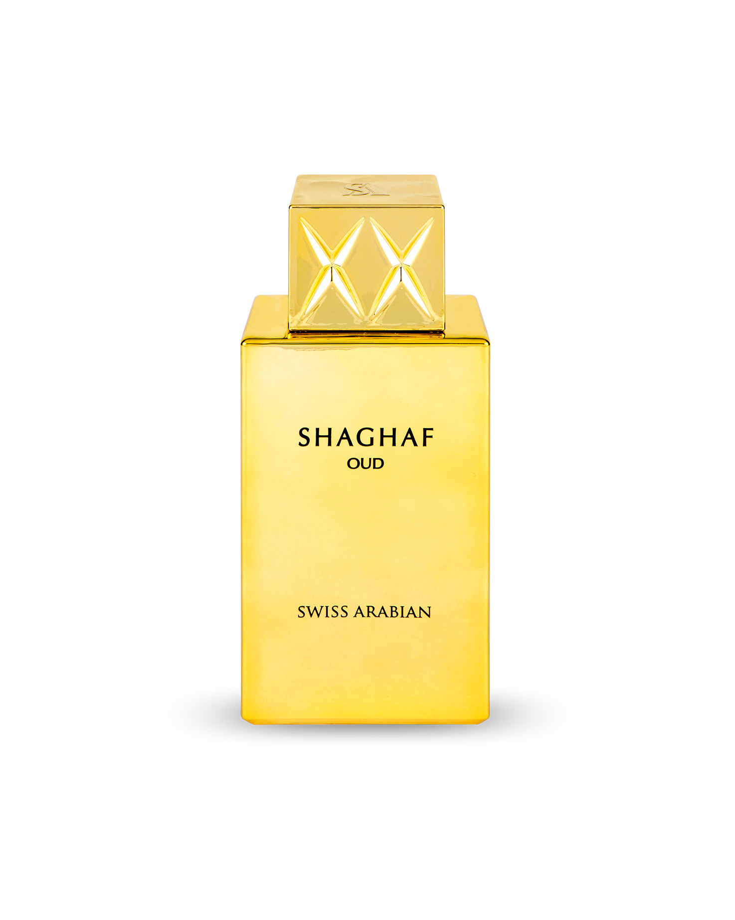 swiss arabian Shaghaf Oud perfume golden bottle on a white background