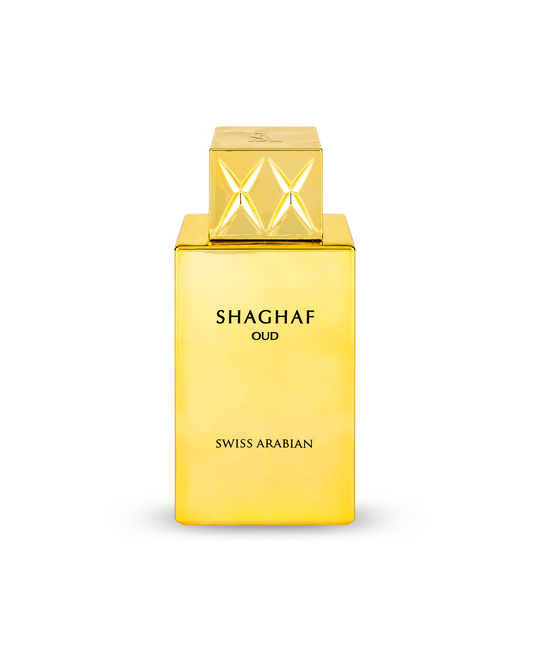 swiss arabian Shaghaf Oud perfume golden bottle on a white background