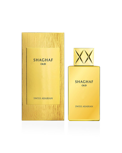 shaghaf oud by swiss arabian perfume bottle shows beside its box against white background