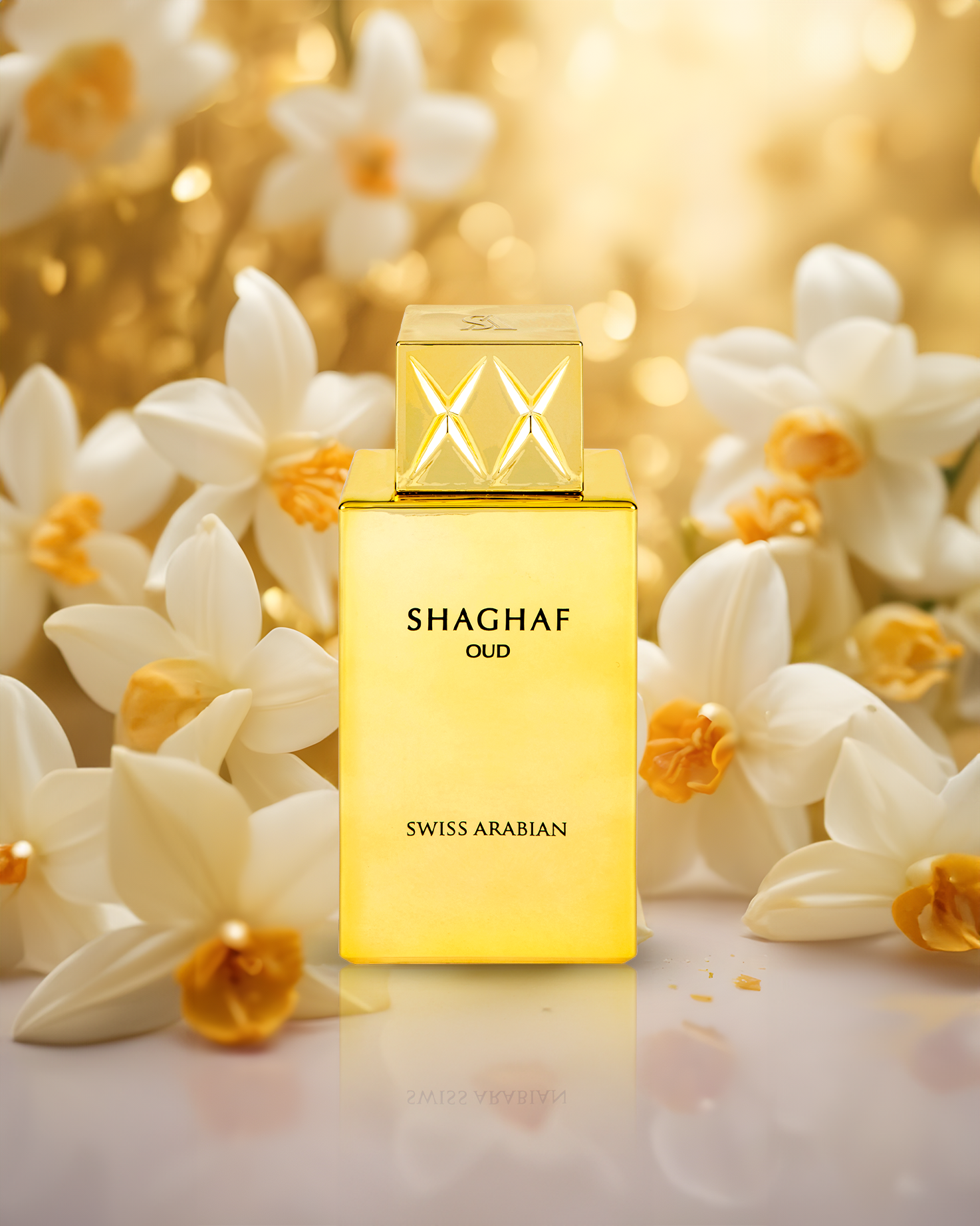 shaghaf oud by swiss arabian perfume bottle photograph at reflected surface surrounded with many white yellow vanilla flowers