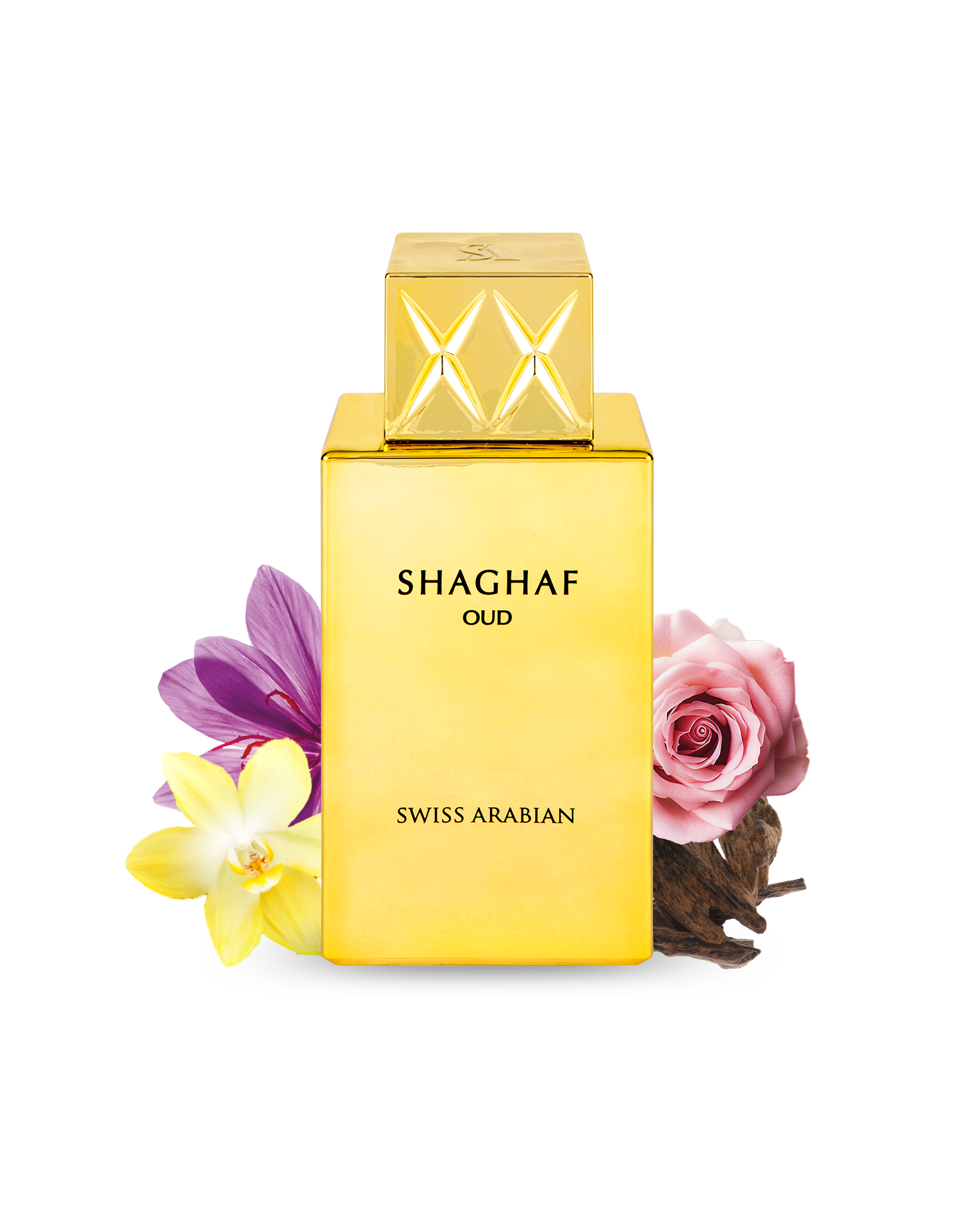 shaghaf oud by swiss arabian perfume bottle surrounded with its ingredients like vanilla and oud shows from behind the bottle  against white background