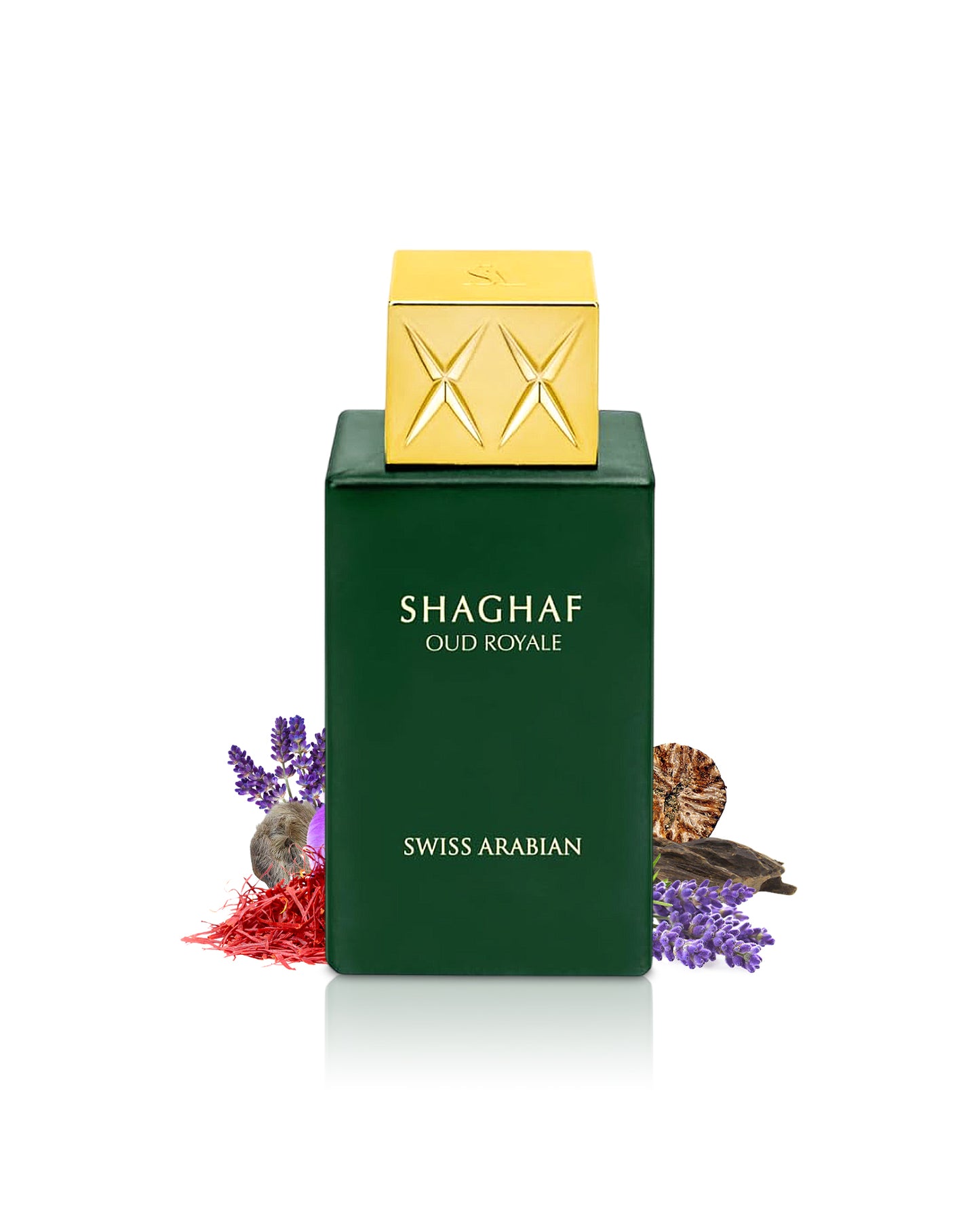 swiss arabian shaghaf oud royale perfume bottle surrounded with fragrance notes like saffron and nutmeg shows from behind the bottle against white background