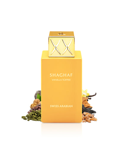 swiss arabian shaghaf vanilla toffee perfume bottle surrounded with fragrance notes like vanilla and toffee shows from behind the bottle against white background