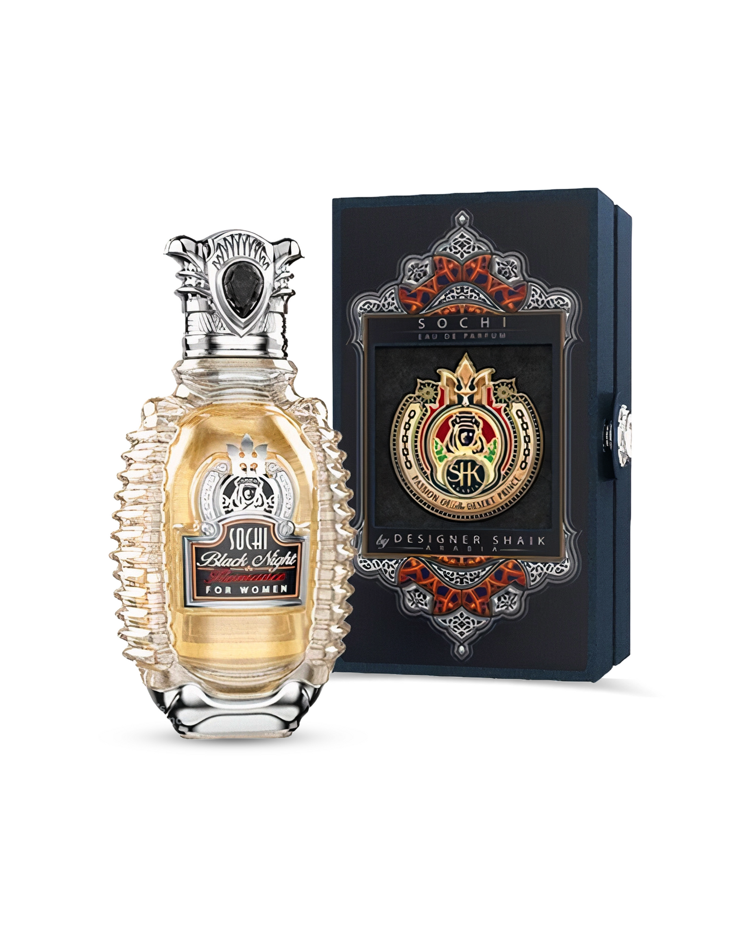 sochi black night romance by designer shaik perfume bottle shows beside its box against white background