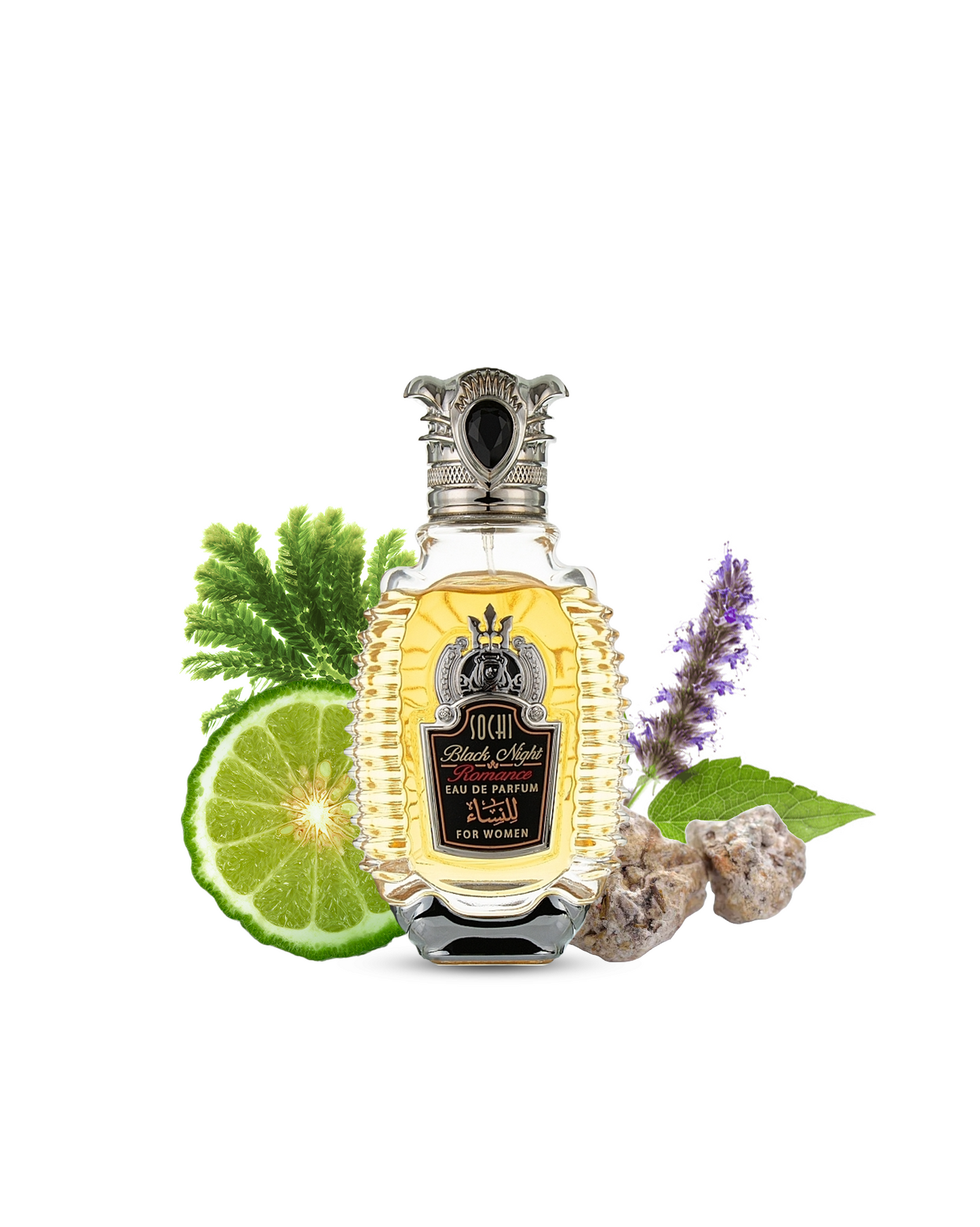 sochi black night romance by designer shaik perfume bottle surrounded with its ingredients like citrus and lavender shows from behind the bottle against white background