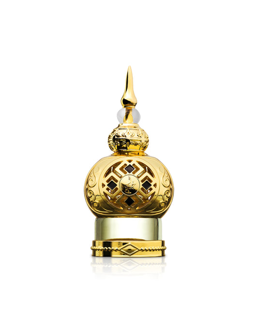 khadlaj shamookh gold perfume oil bottle shows against white background