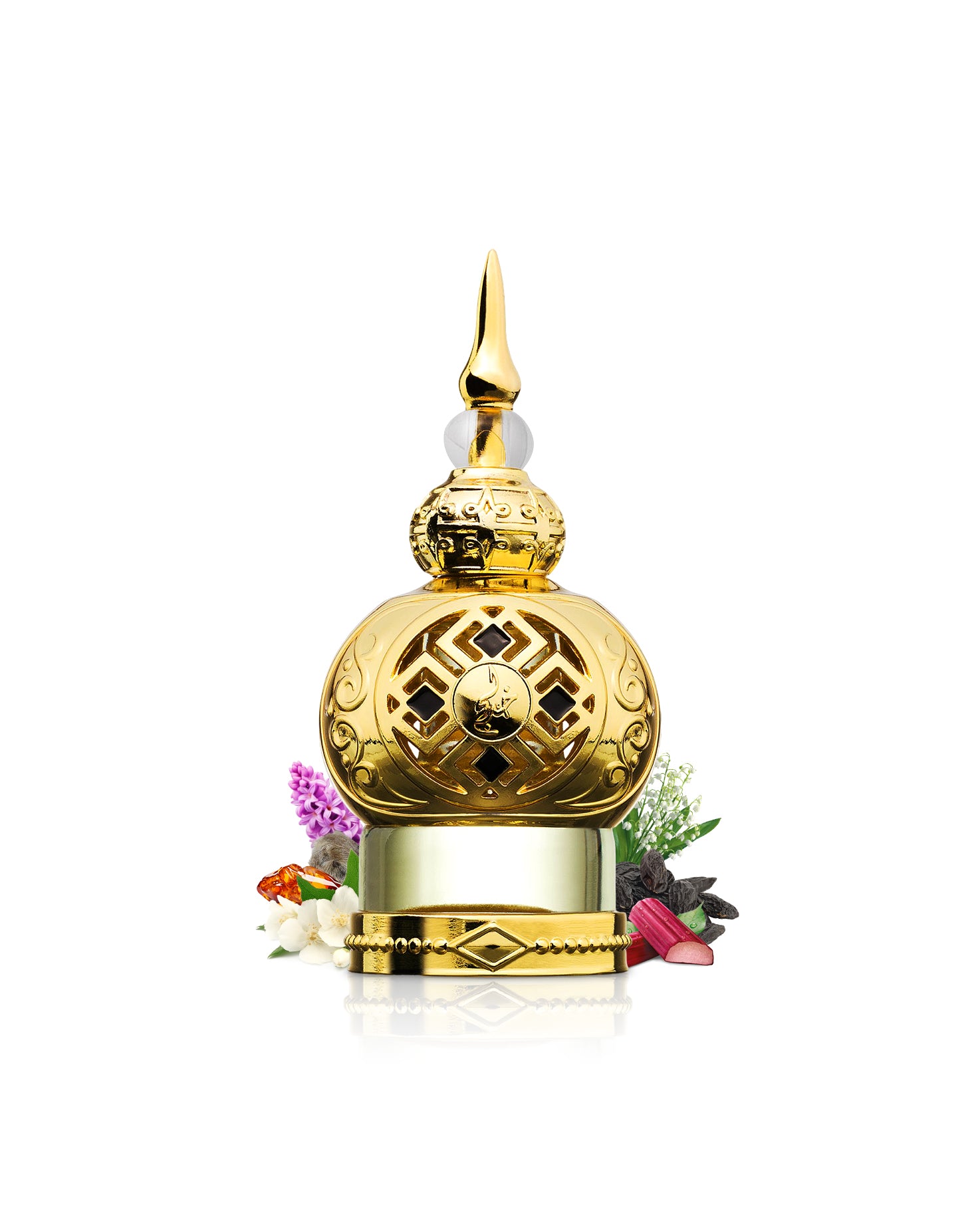 khadlaj shamookh gold perfume oil bottle surrounded with ingredients like jasmine and amber with many others like muguet and tonka bean shows from behind the bottle against white background