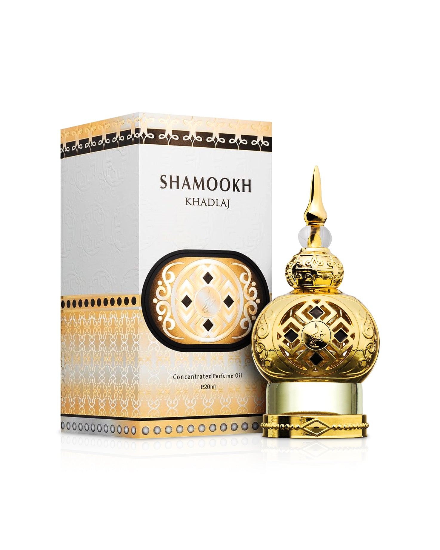 khadlaj shamookh gold perfume oil bottle shows beside its box against white background