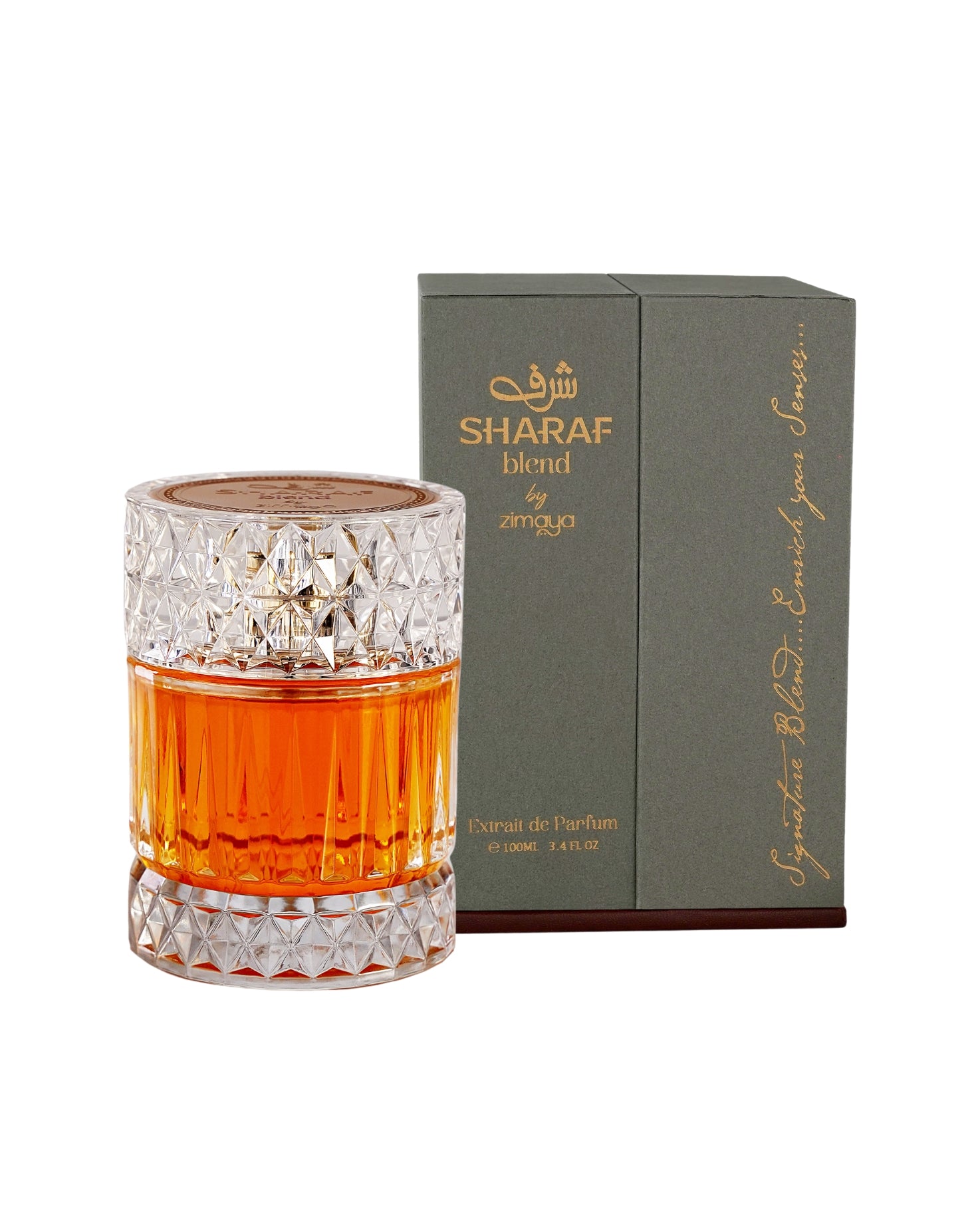 sharaf blend edp by zimaya perfume bottle shows beside its box against white background