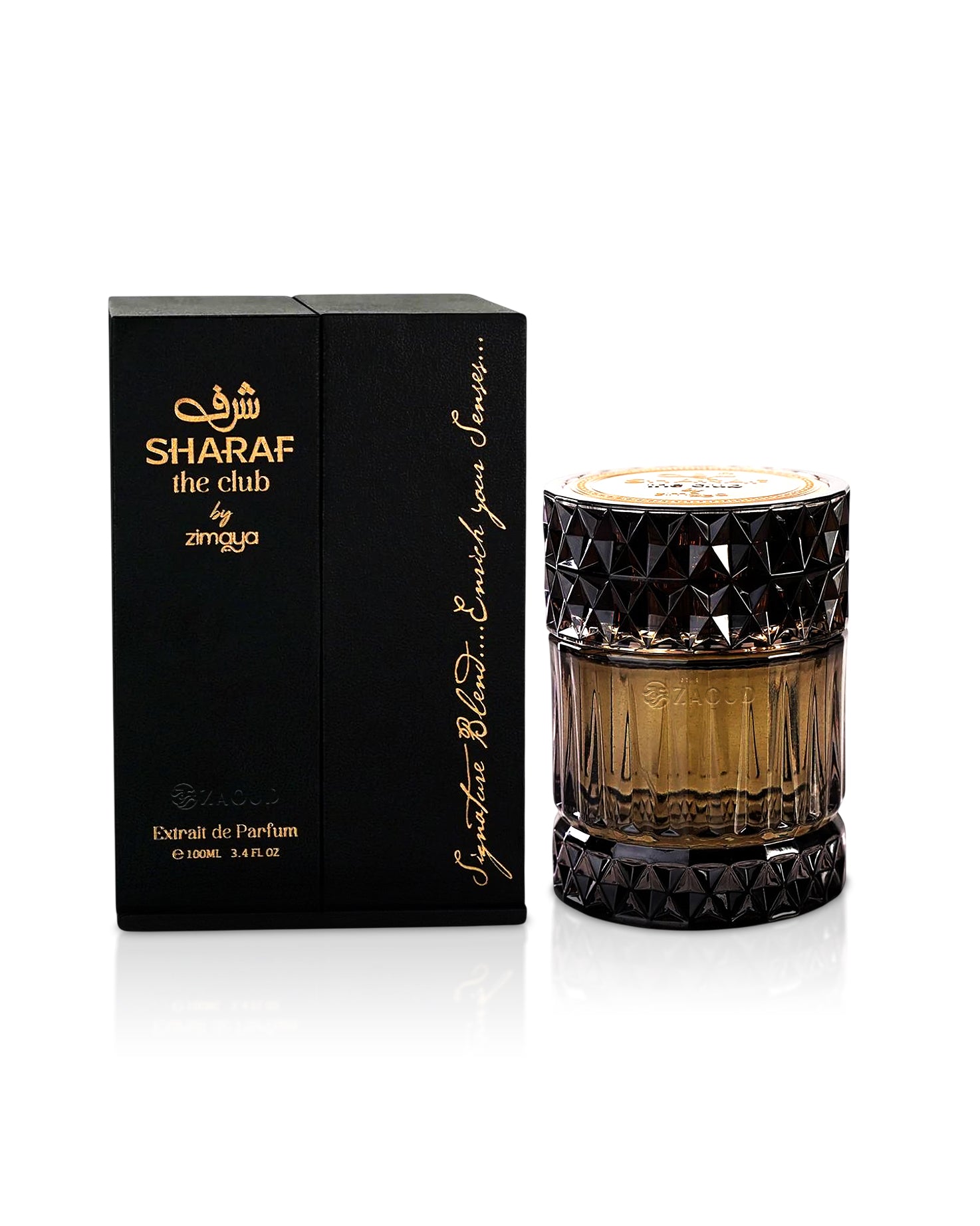 SHARAF the club extrait perfume bottle shows beside its box against white background