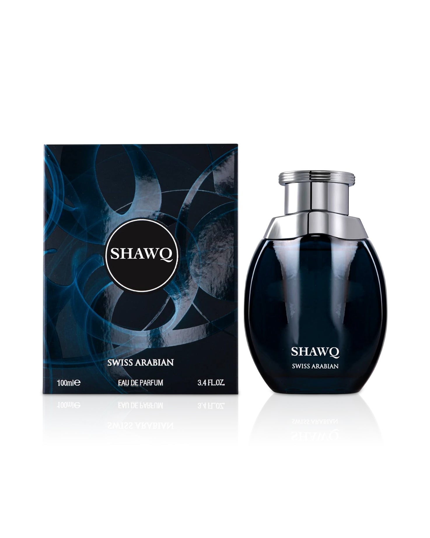 shawq by swiss arabian perfume bottle shows beside its box against white background