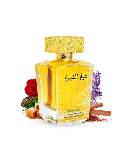 sheikh al shuyukh luxe edition edp by lattafa perfumes bottle surrounded with its ingredients like caramel and rose with many others shows from behind the bottle  against white background