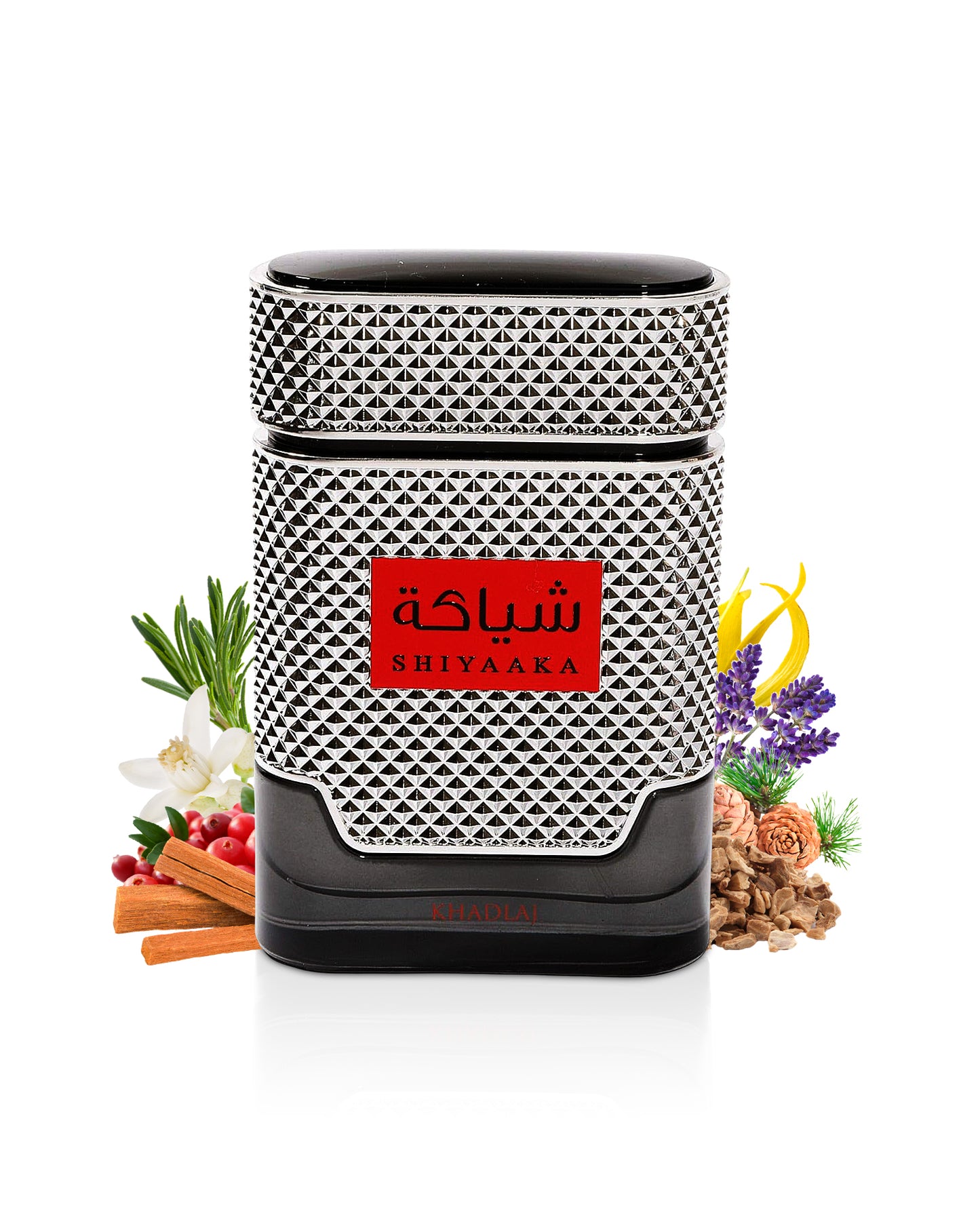 shiyaaka for men by khadlaj perfumes bottle surrounded with its ingredients like neroli, jasmine and rosemary with many others shows from behind the bottle against white background