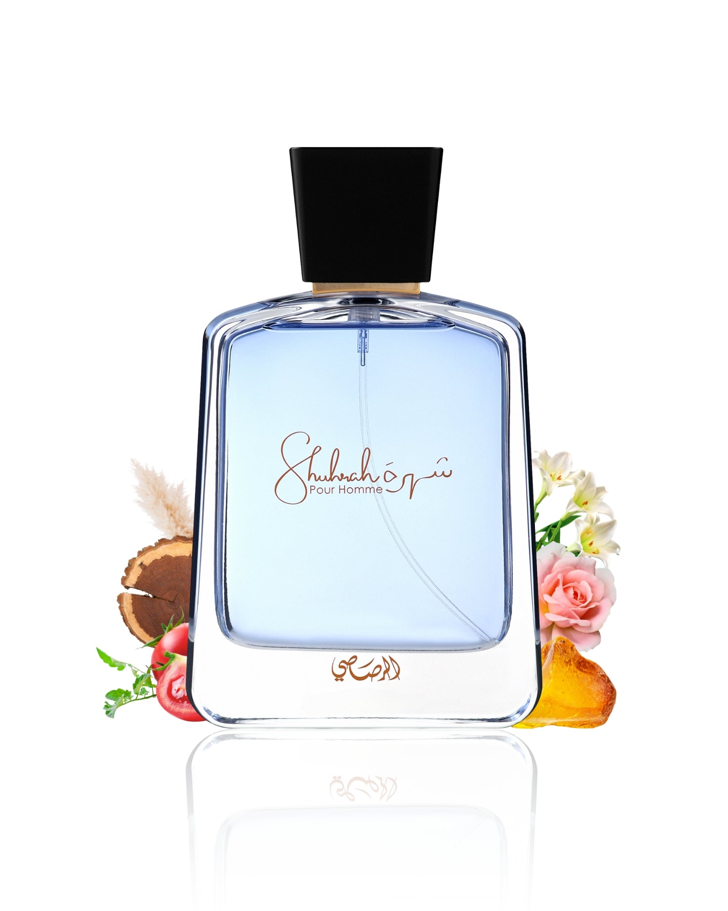 Shuhrah pour homme by rasasi perfume bottle surrounded with its ingrediens like amber and rose with many others shows from behind the bottle against white background