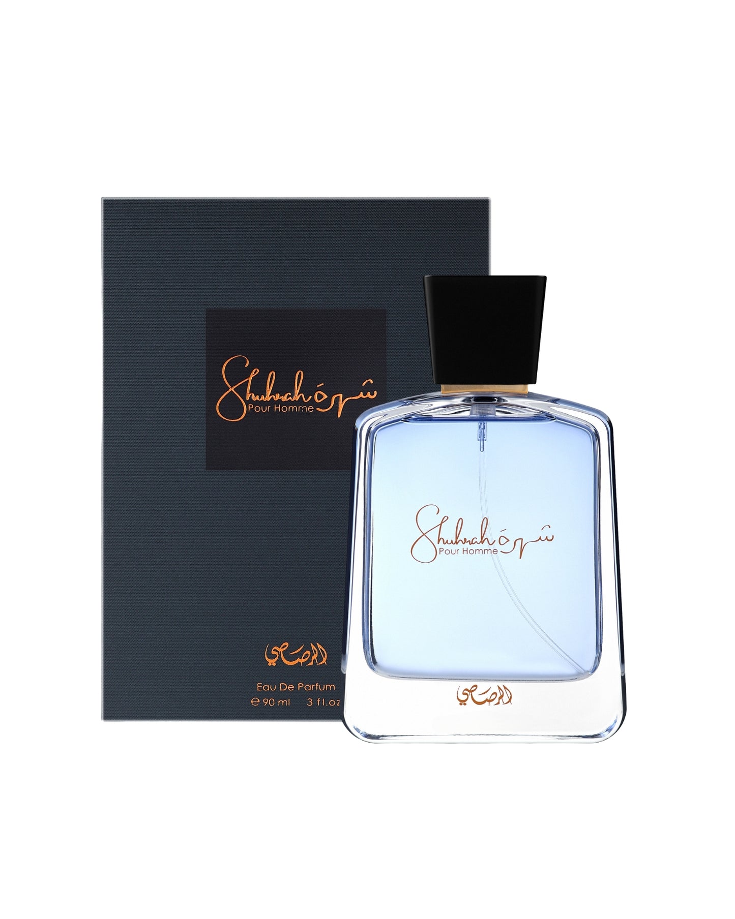 Shuhrah pour homme by rasasi perfume bottle beside with its box shows against white background