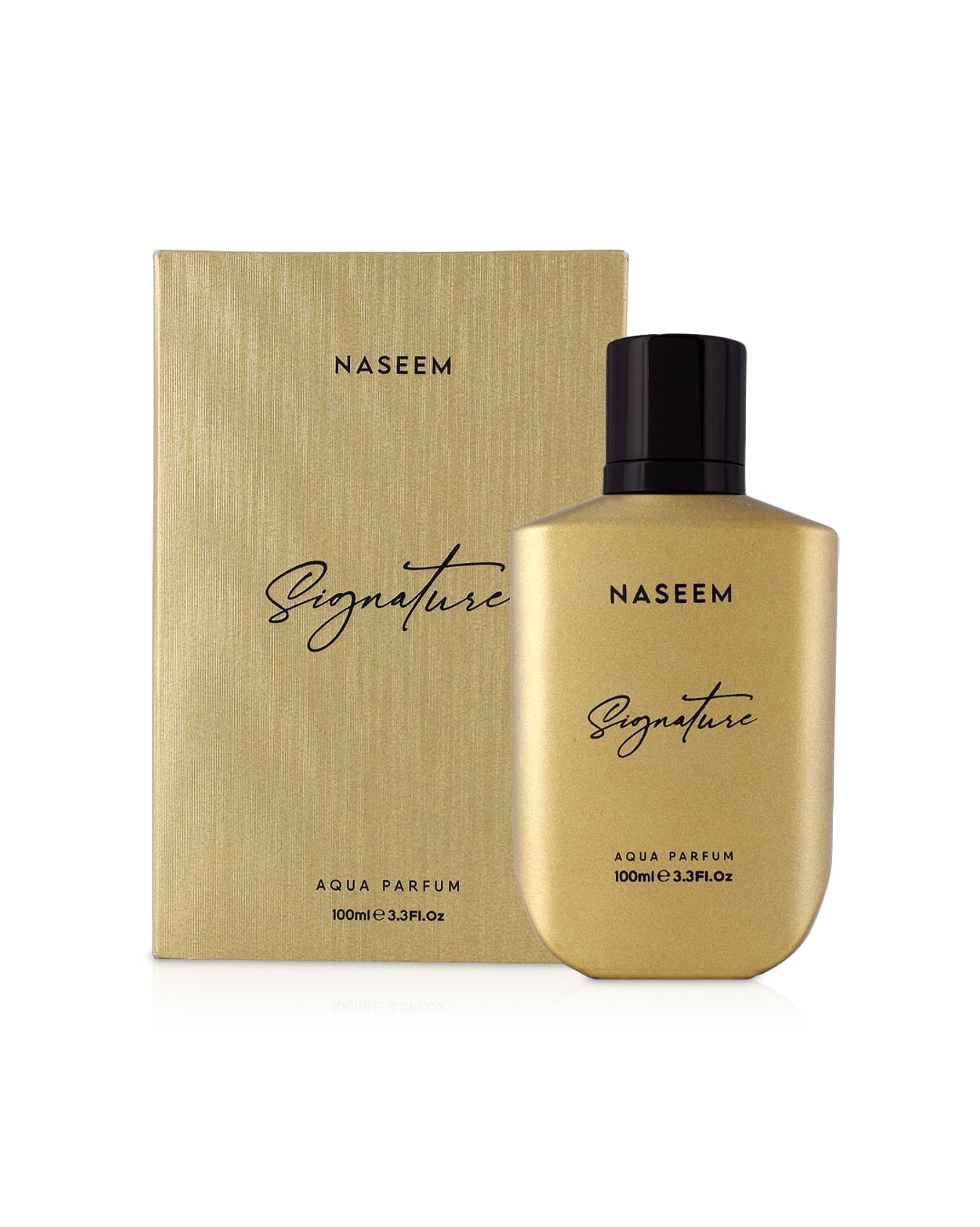 signature gold aqua parfum by naseem perfumes bottle shows beside its box against white background