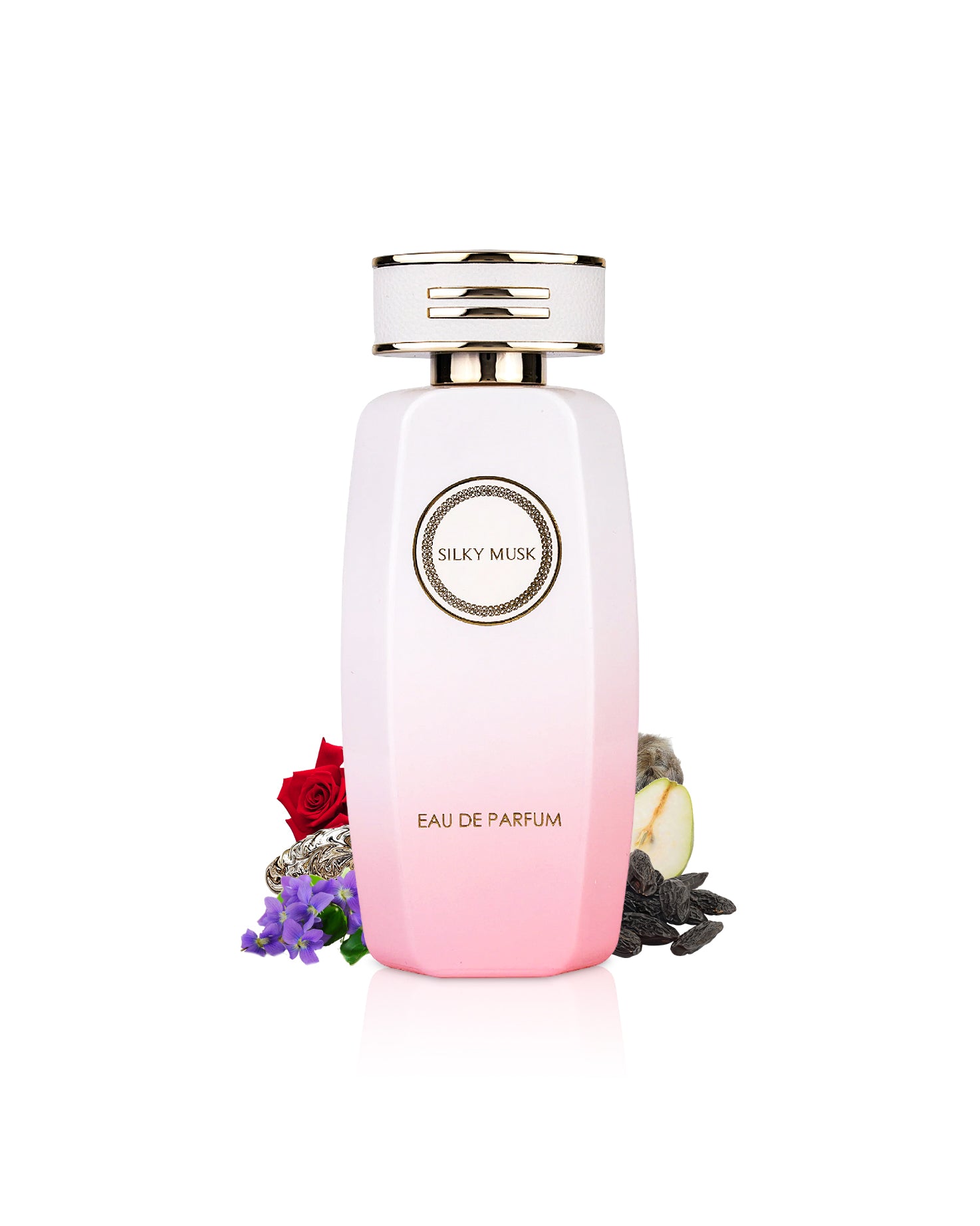 gulf orchid silky musk perfume bottle surrounded with fragrance notes like rose and pear shows from behind the bottle against white background