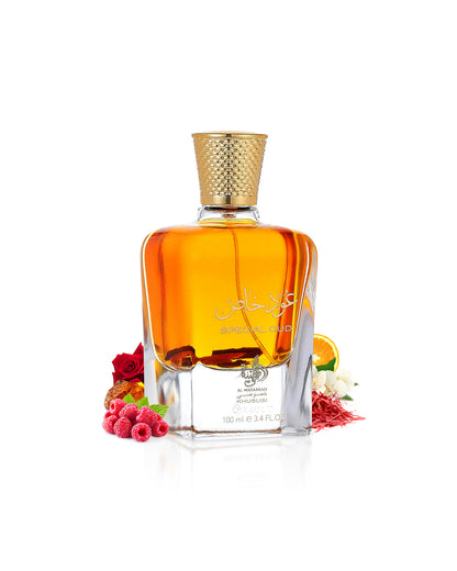 al wataniah special oud perfume bottle surrounded with fragrance notes like fruits and saffron shows against white background