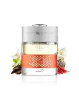 spirit of dubai roeya perfume bottle surrounded with fragrance notes like saffron and oud shows against white background