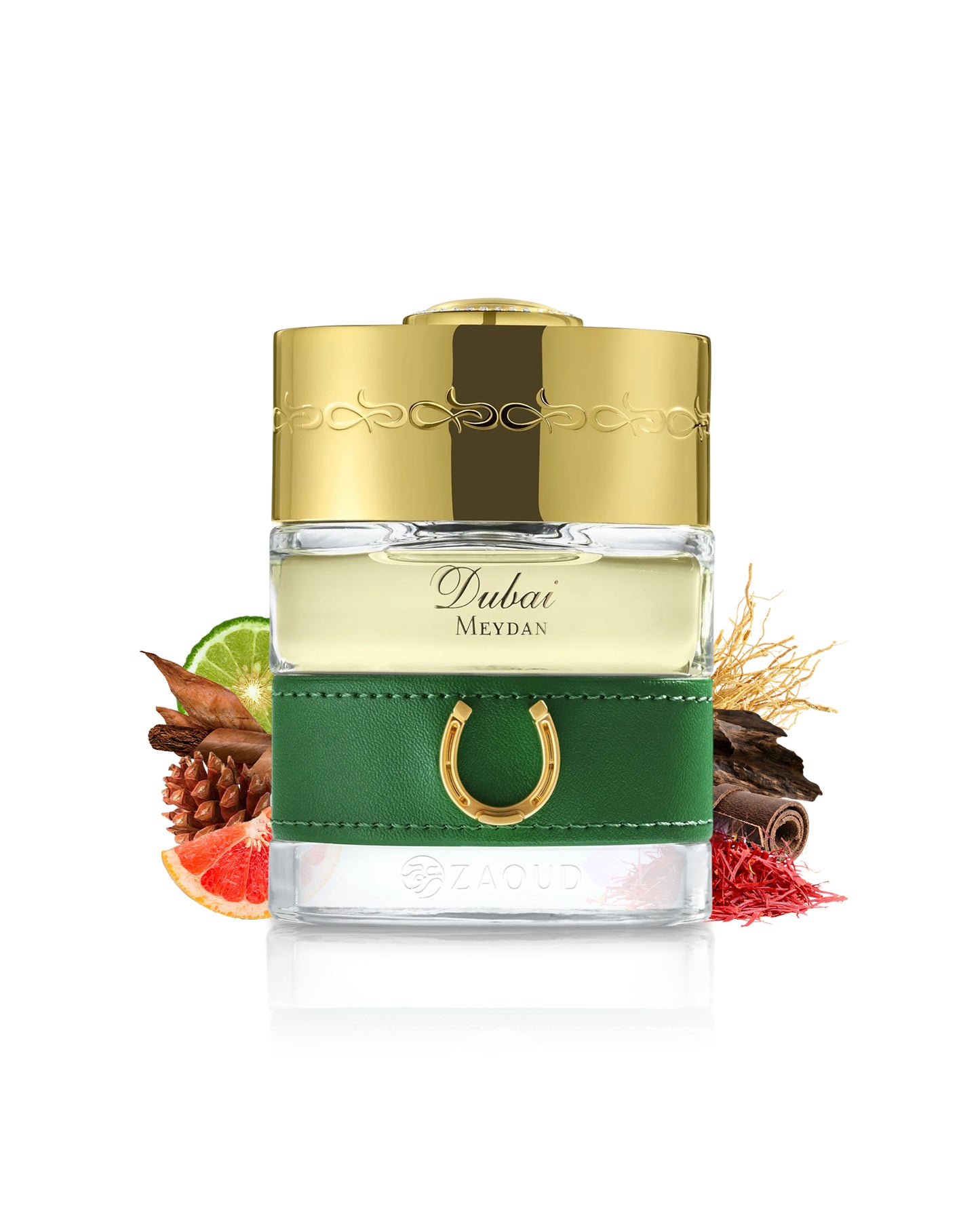spirit of dubai meydan perfume bottle surrounded with fragrance notes like lemon and saffron shows against white background