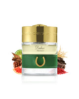 spirit of dubai meydan perfume bottle surrounded with fragrance notes like lemon and saffron shows against white background