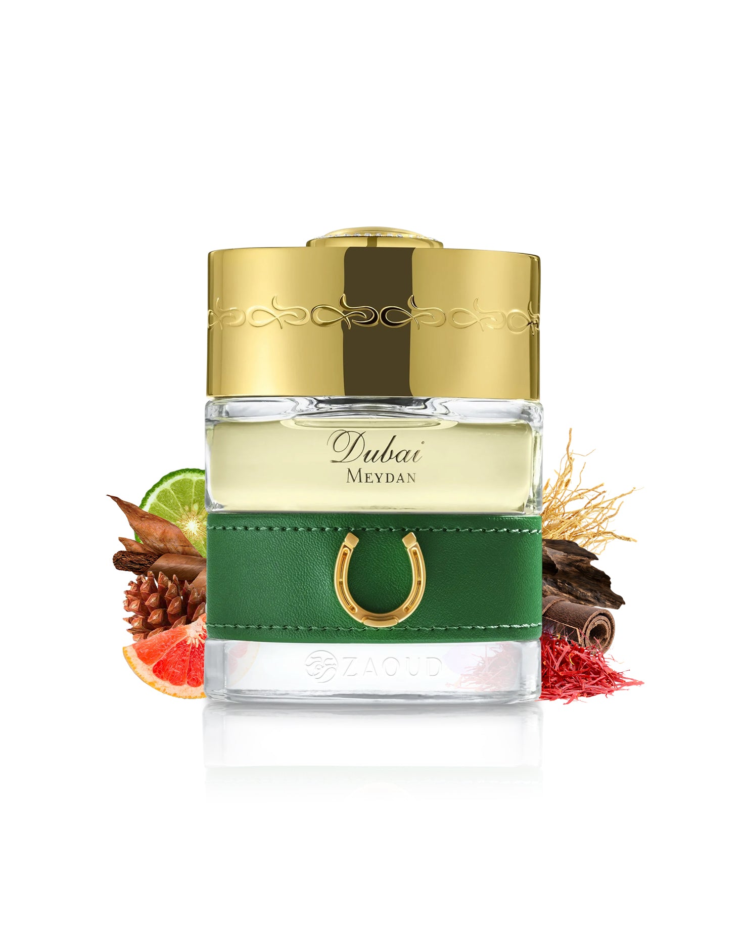 spirit of dubai meydan perfume bottle surrounded with fragrance notes like lemon and saffron shows against white background