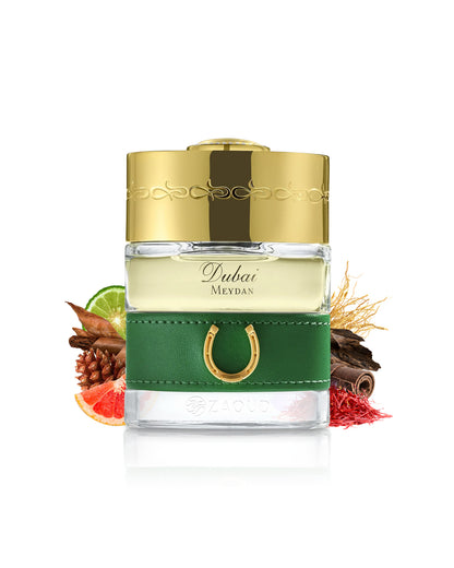 spirit of dubai meydan perfume bottle surrounded with fragrance notes like lemon and saffron shows against white background