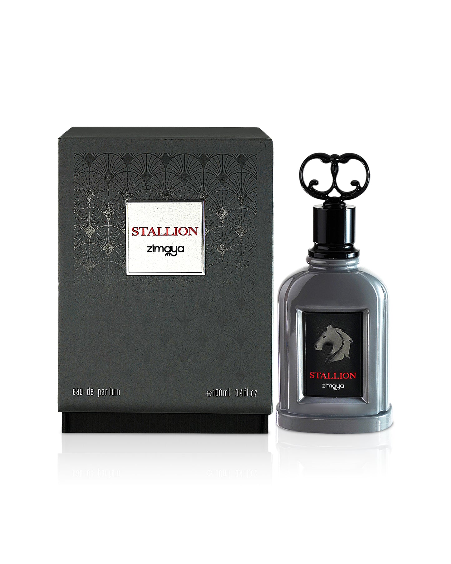 stallion by zimaya perfume bottle shows beside its box against white background