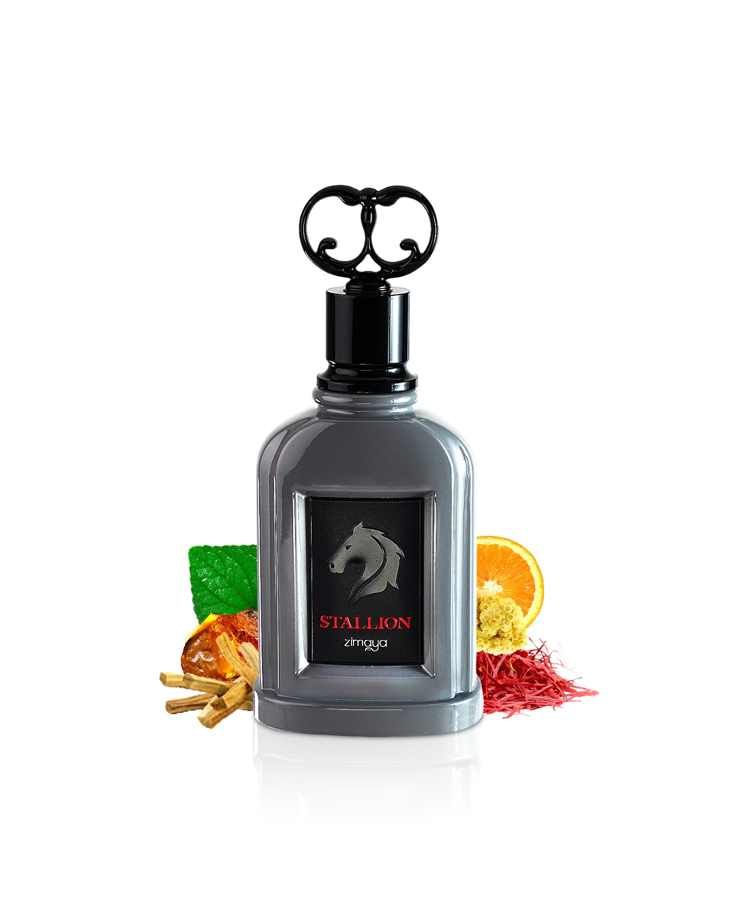 stallion by zimaya perfume bottle surrounded with its ingredients like amber and orange with many others shows from behind the bottle against white background