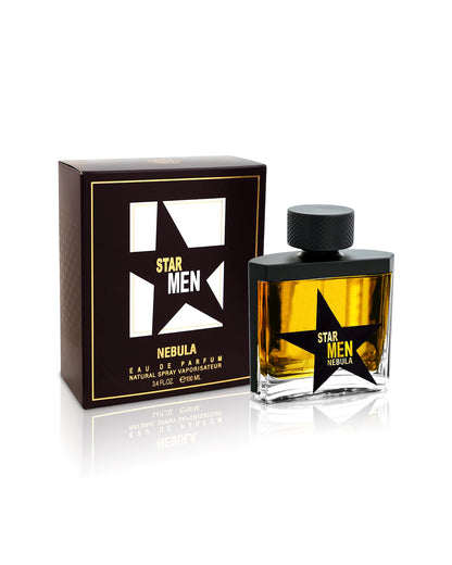 fragrance world star men nebula perfume bottle shows beside its box against white background